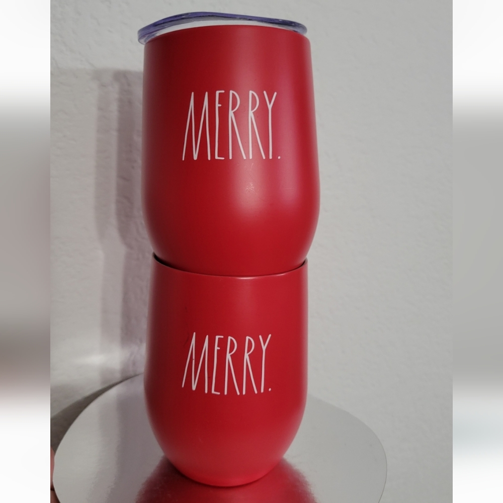 Pair of 2 Rae Dunn MERRY Holiday Stainless Steel Tumblers to be MERRY